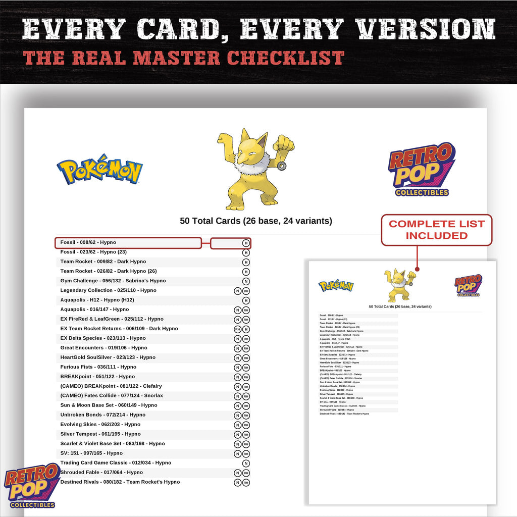 Hypno master set checklist PDF preview - every card listed