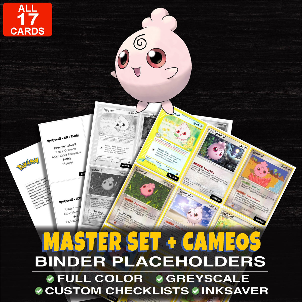 Every Igglybuff Pokemon card ever made - master set binder placeholders with Togepi & Cleffa & Igglybuff GX