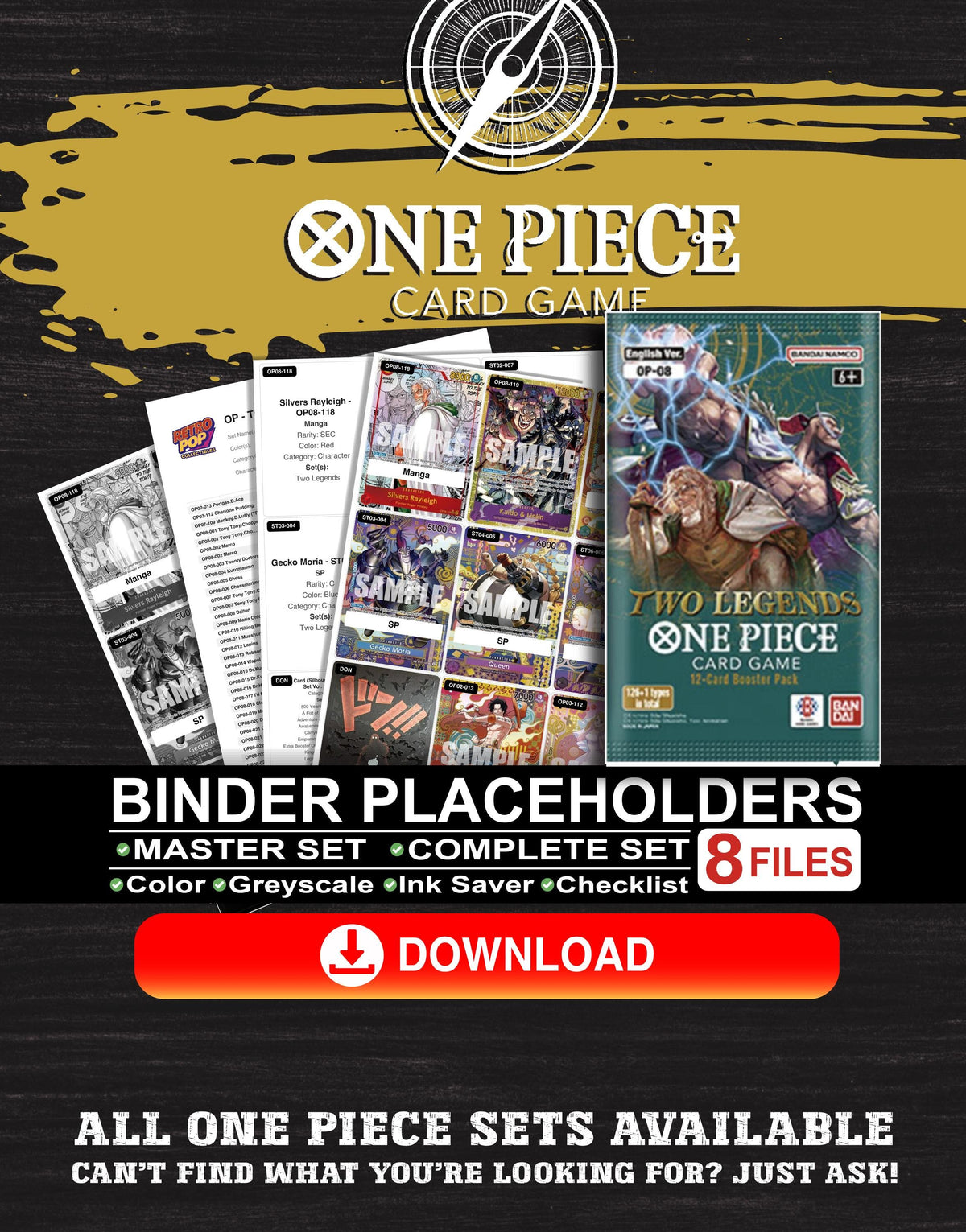 Two Legends One Piece TCG binder placeholders printable PDF - includes Silvers Rayleigh