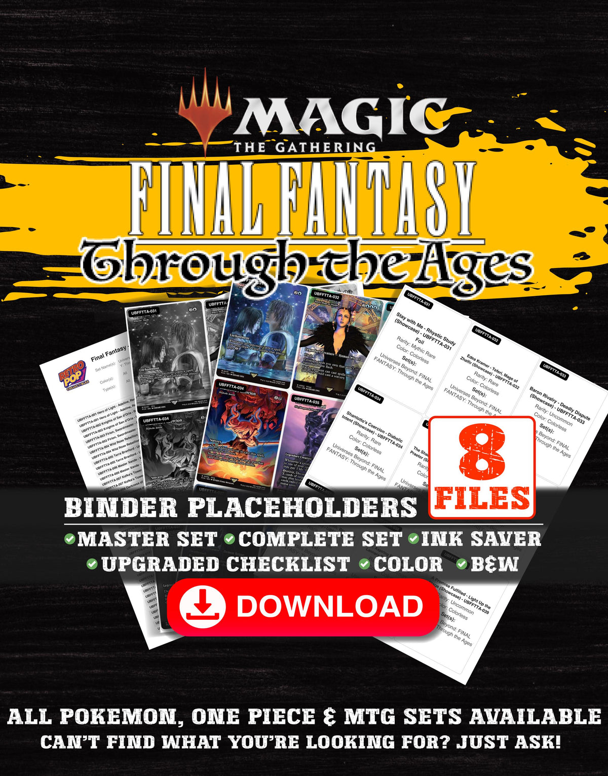 Final Fantasy Through the Ages Magic The Gathering binder placeholders printable PDF - includes Blessing of the Oracle - Akro