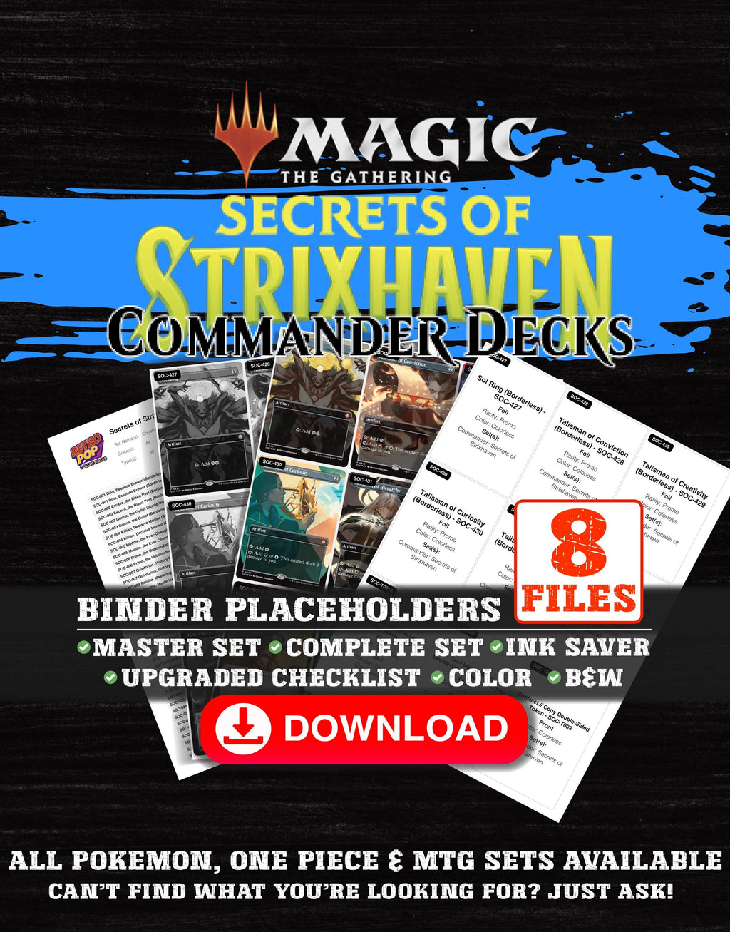 Secrets of Strixhaven Commander Magic The Gathering binder placeholders printable PDF - includes Dina, Essence Brewer
