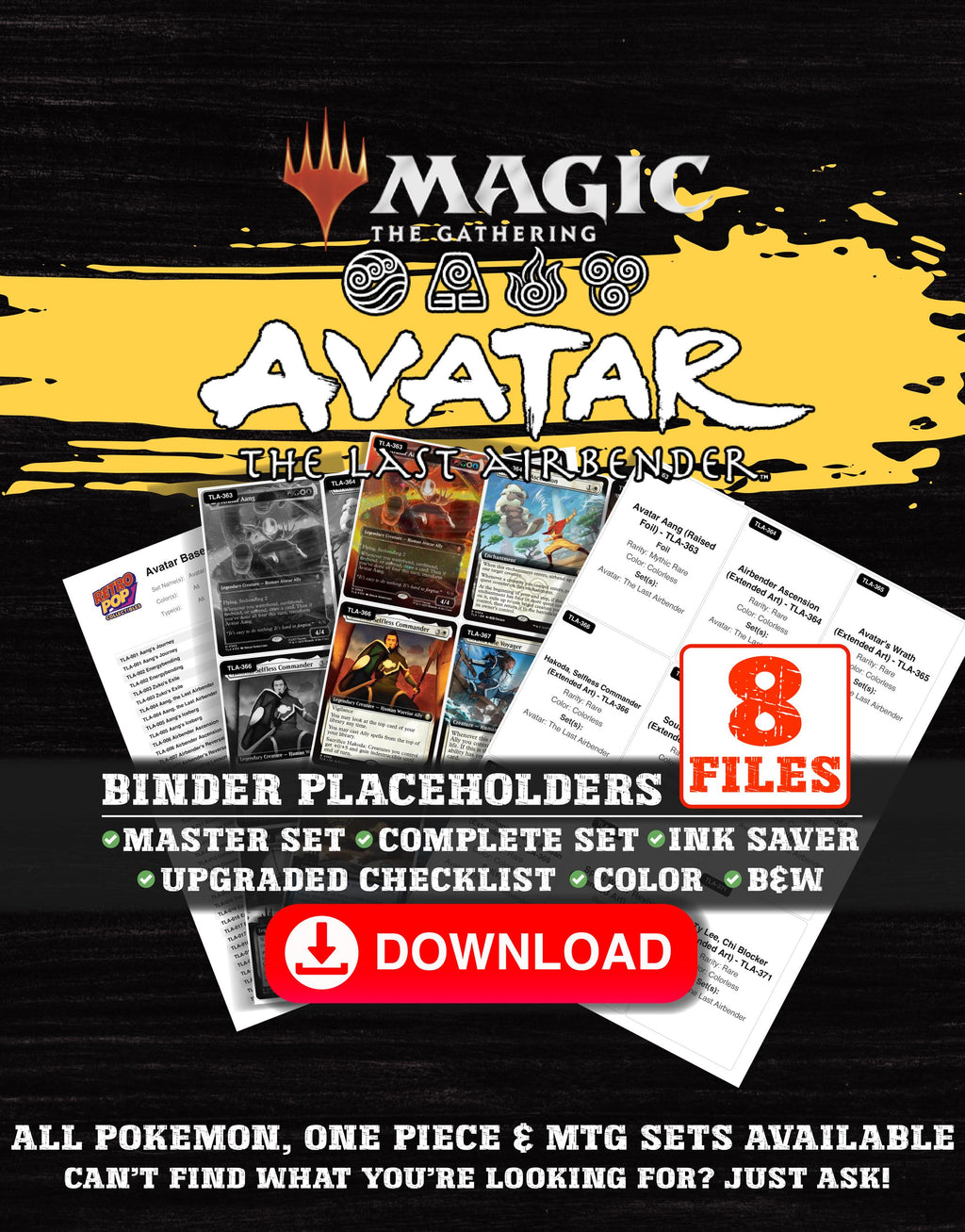 Avatar: The Last Airbender Magic The Gathering binder placeholders printable PDF - includes Appa, Steadfast Guardian