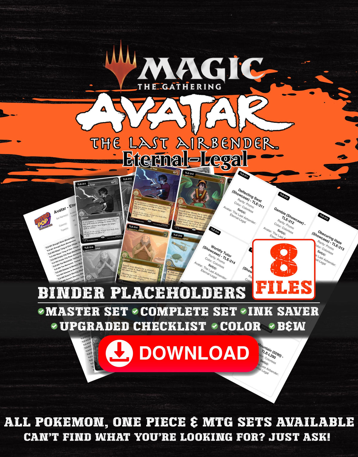Avatar Eternal-Legal Magic The Gathering binder placeholders printable PDF - includes Aang's Shelter - Teferi's Protection