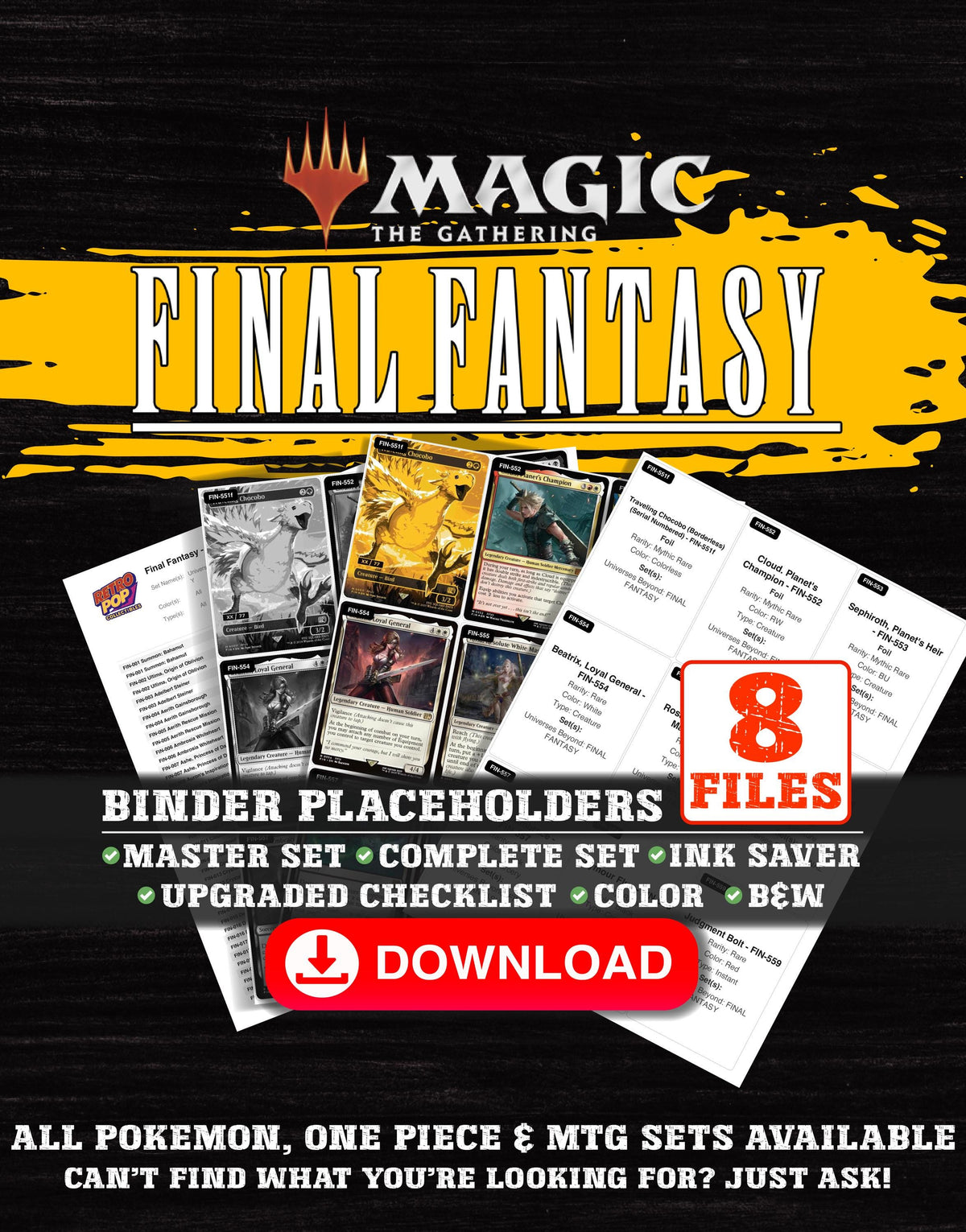 Final Fantasy Magic The Gathering binder placeholders printable PDF - includes Absolute Virtue