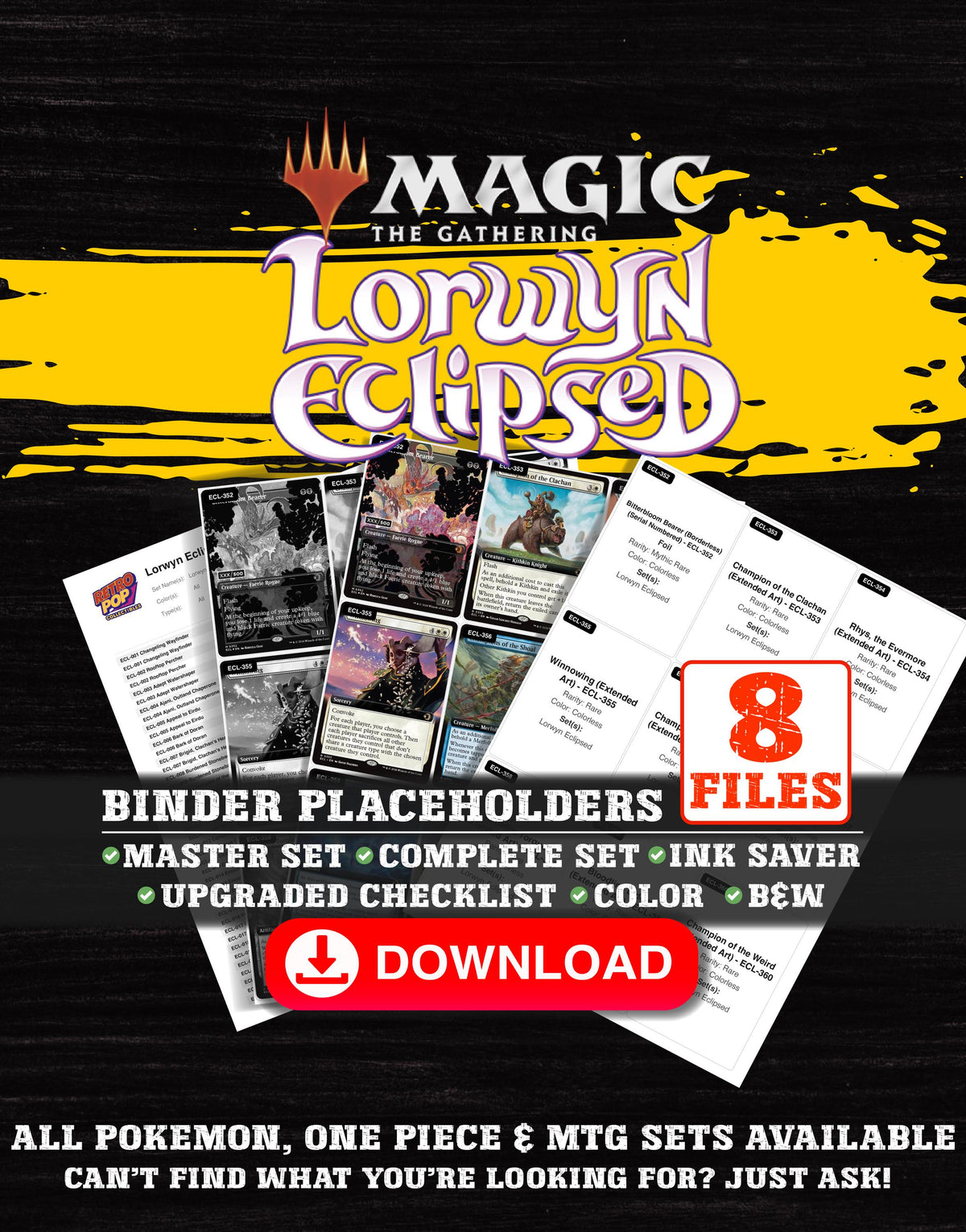 Lorwyn Eclipsed Magic The Gathering binder placeholders printable PDF - includes Ajani, Outland Chaperone