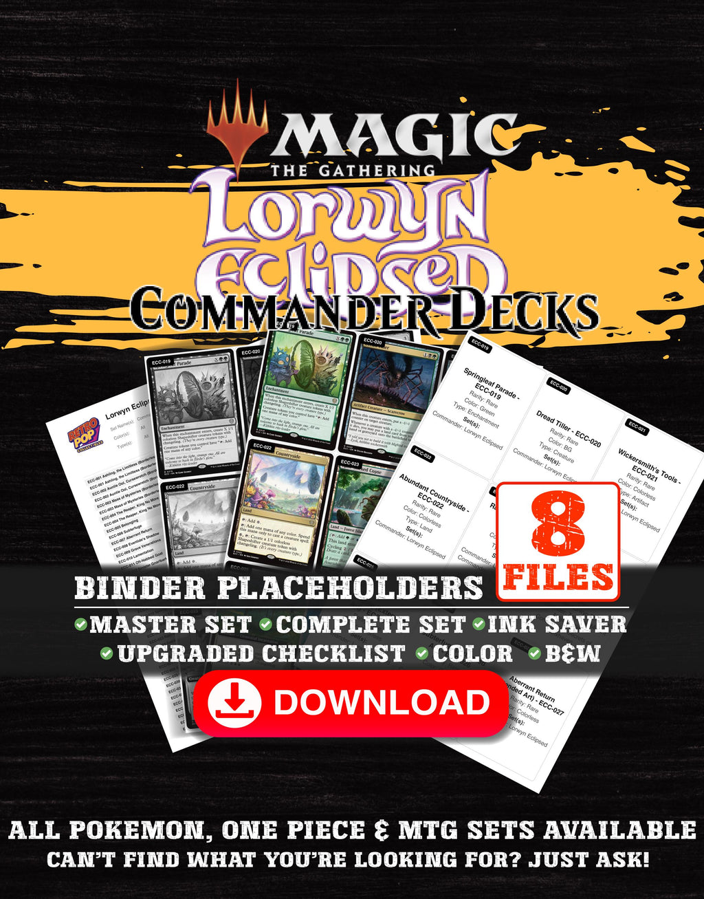 Lorwyn Eclipsed Commander Magic The Gathering binder placeholders printable PDF - includes Ashling, the Limitless