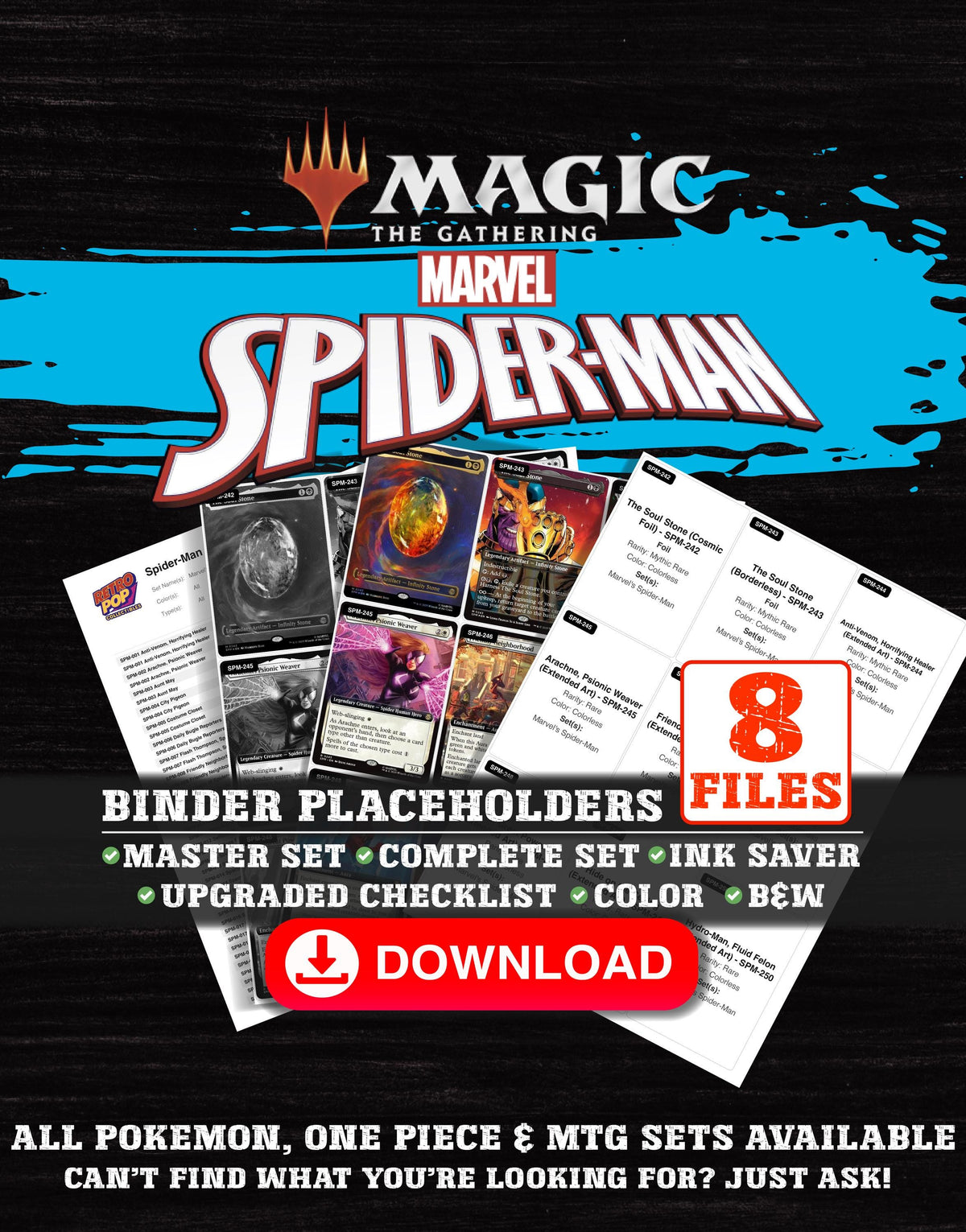 Spider-Man Magic The Gathering binder placeholders printable PDF - includes Anti-Venom, Horrifying Healer