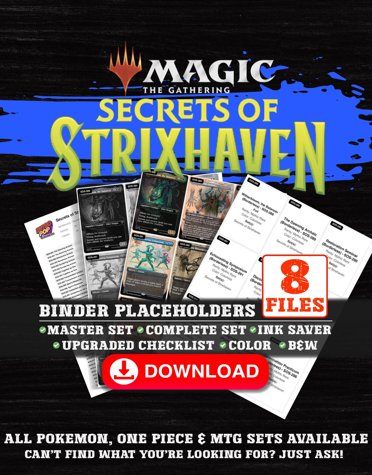Secrets of Strixhaven Magic The Gathering binder placeholders printable PDF - includes Decorum Dissertation
