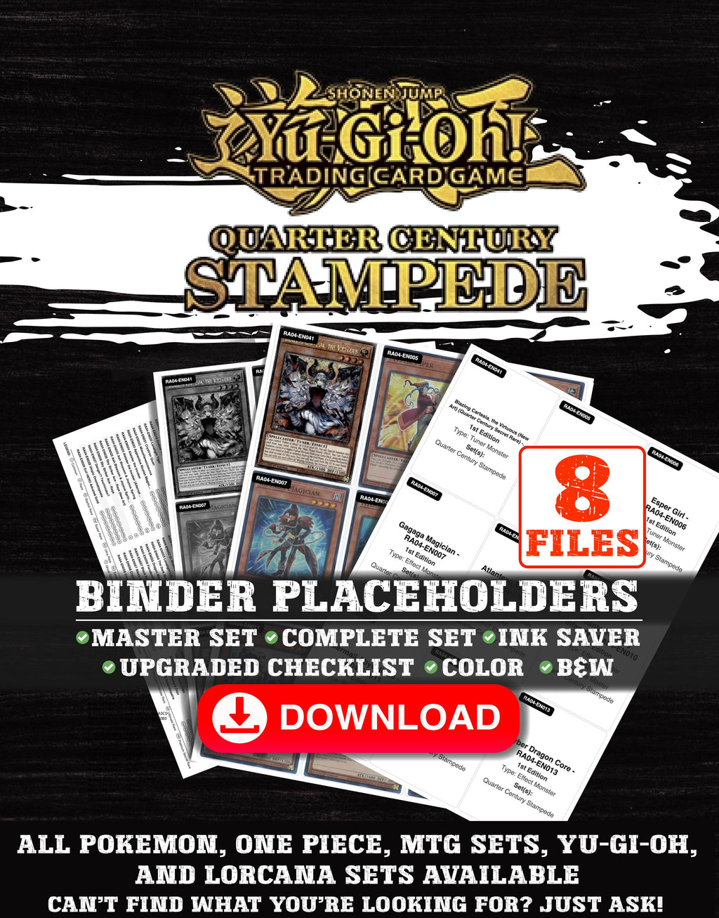 Quarter Century Stampede Yu-Gi-Oh binder placeholders printable PDF - includes Blazing Cartesia, the Virtuous