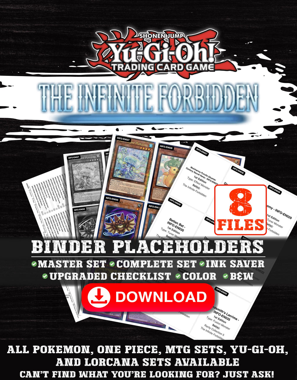 The Infinite Forbidden Yu-Gi-Oh binder placeholders printable PDF - includes Mulcharmy Purulia