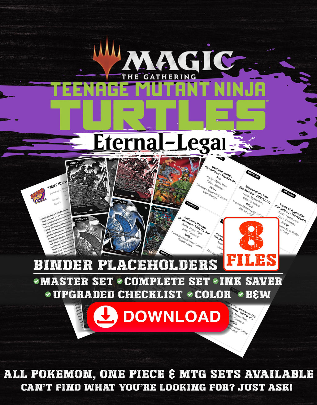 TMNT Eternal-Legal Magic The Gathering binder placeholders printable PDF - includes All Will Be One