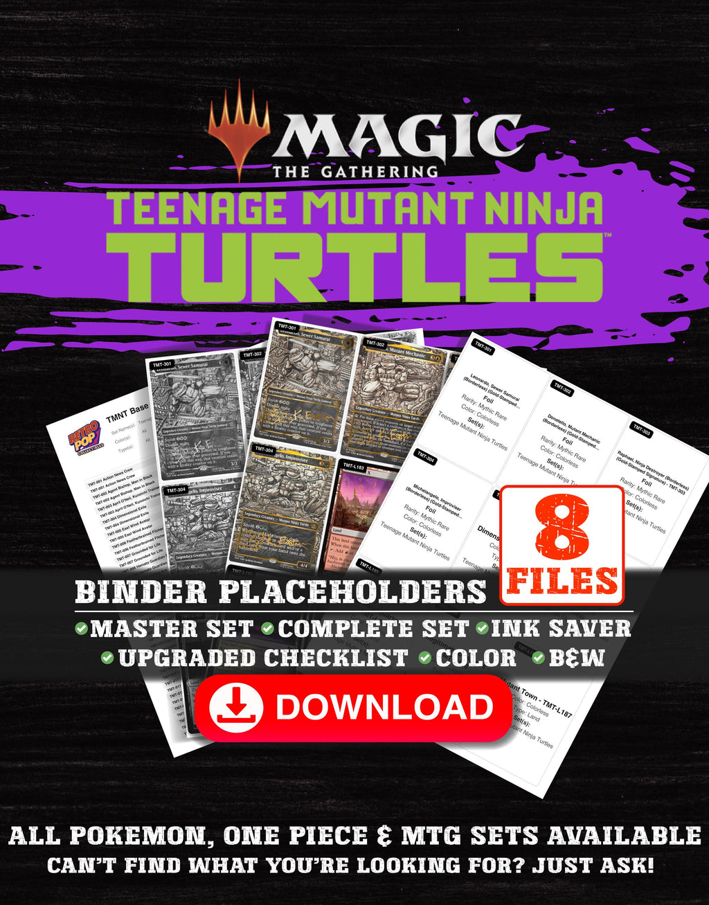 Teenage Mutant Ninja Turtles Magic The Gathering binder placeholders printable PDF - includes April O'Neil, Hacktivist