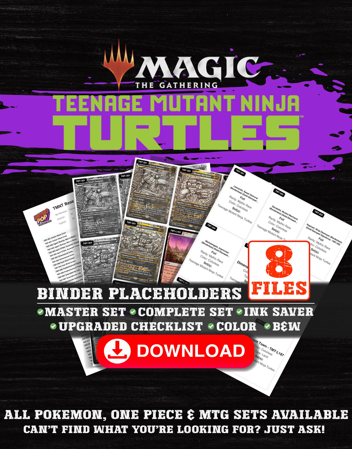 Teenage Mutant Ninja Turtles Magic The Gathering binder placeholders printable PDF - includes April O'Neil, Hacktivist