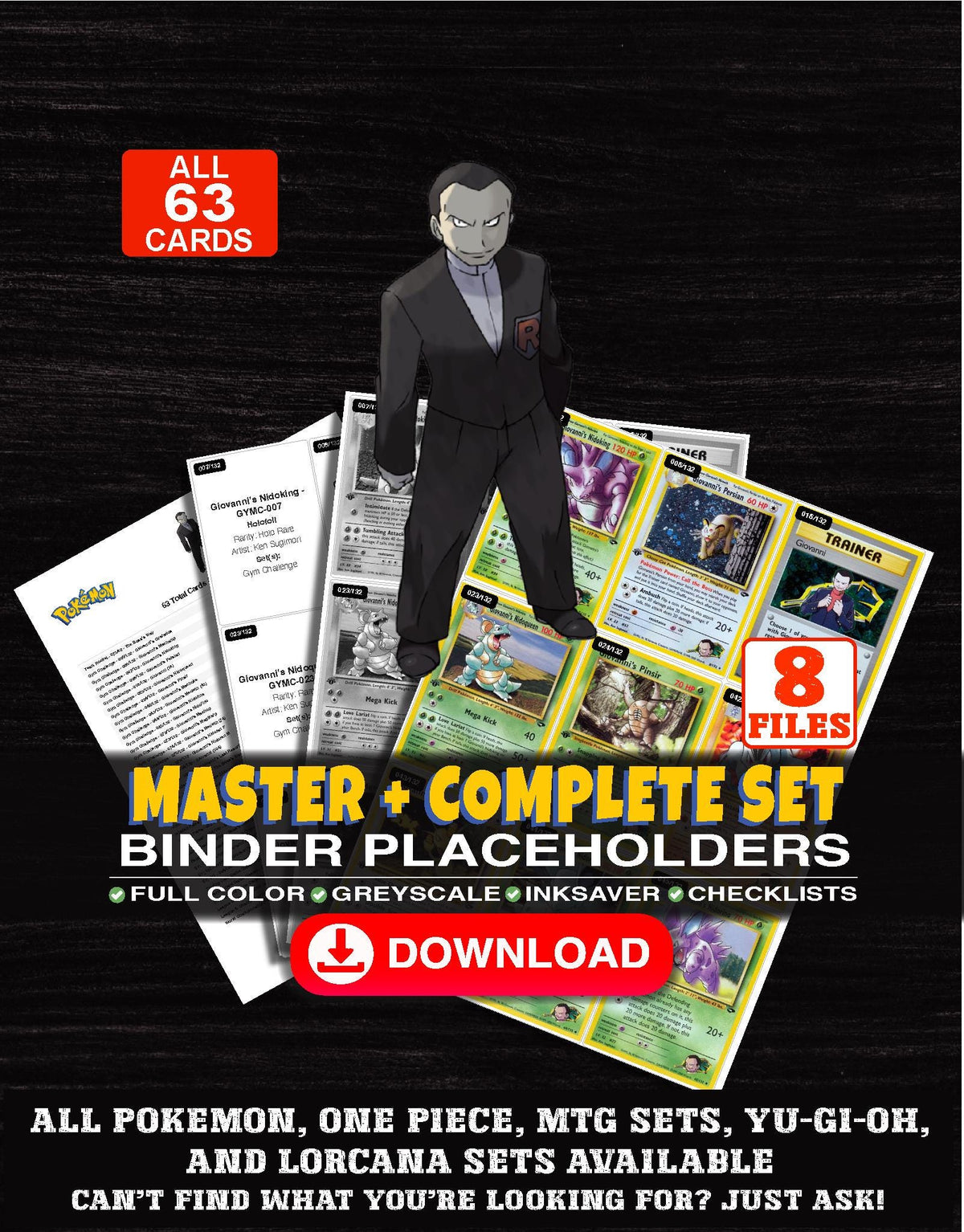 Every Giovanni Pokemon card ever made - gym leader master set binder placeholders with Giovanni's Nidoking