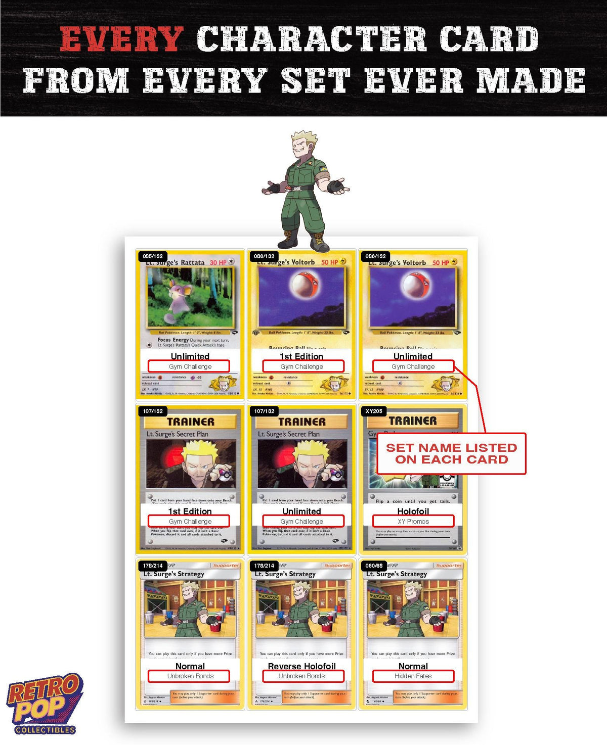 Every Lt. Surge Pokemon card ever made - gym leader master set binder placeholders - image 2