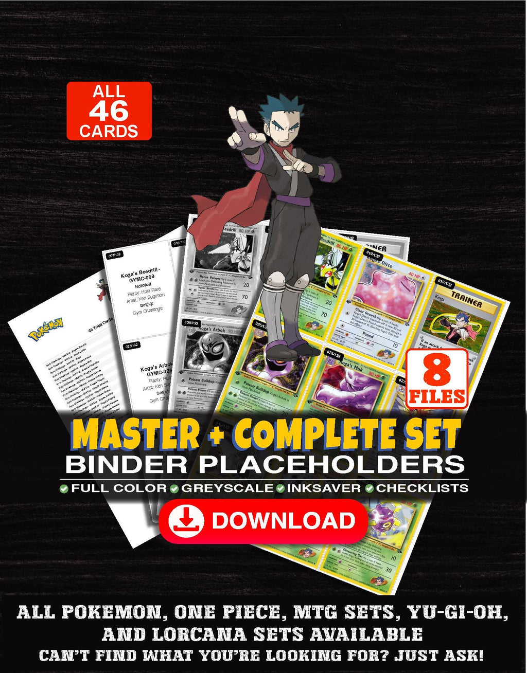Every Koga Pokemon card ever made - gym leader master set binder placeholders with Koga's Beedrill
