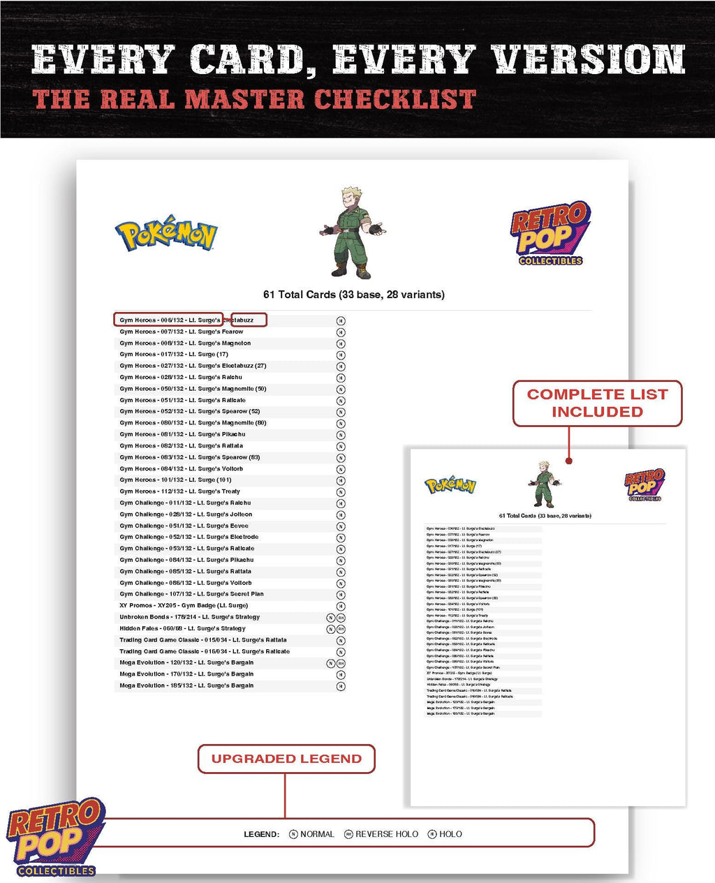 Every Lt. Surge Pokemon card ever made - gym leader master set binder placeholders - image 7