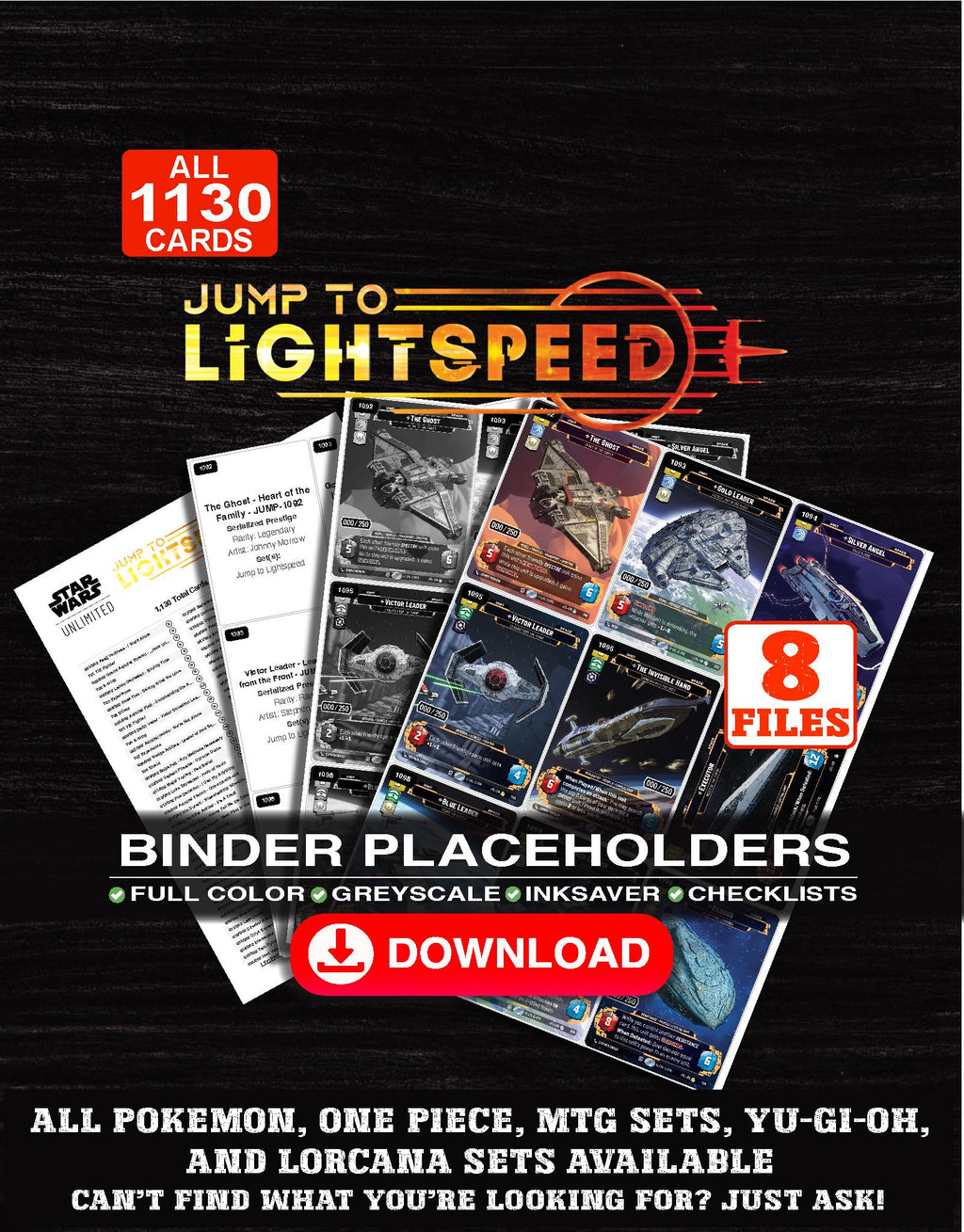 Jump to Lightspeed Star Wars Unlimited binder placeholders printable PDF - includes The Ghost - Heart of the Family