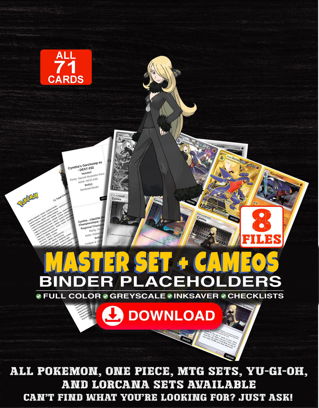 Every Cynthia Pokemon card ever made - trainer master set binder placeholders with Cynthia's Garchomp ex