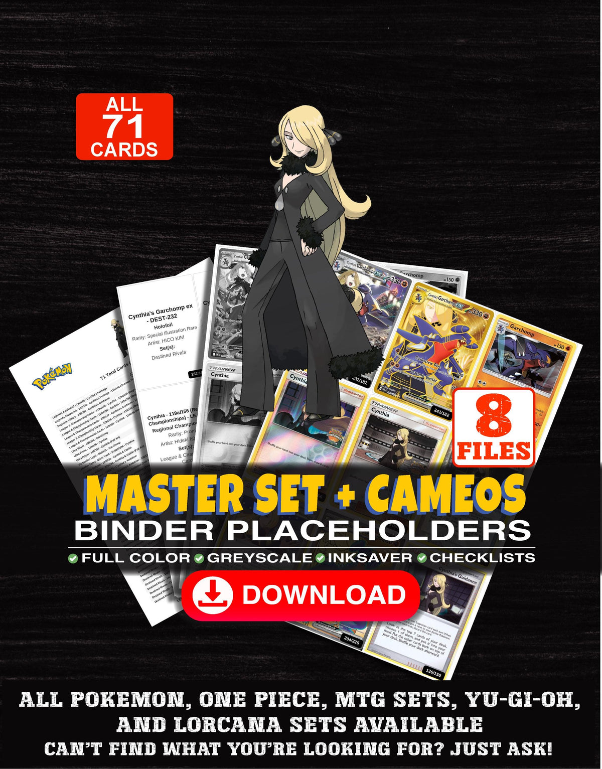 Every Cynthia Pokemon card ever made - trainer master set binder placeholders with Cynthia's Garchomp ex