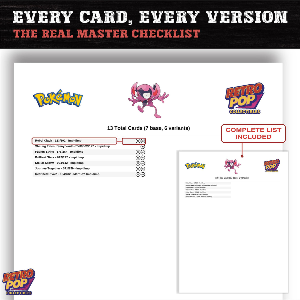 Impidimp master set checklist PDF preview - every card listed