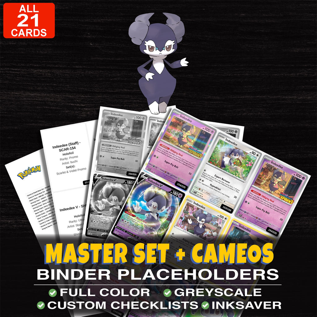 Every Indeedee Pokemon card ever made - master set binder placeholders with Indeedee