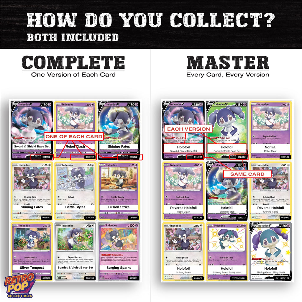 Complete Set vs Master Set versions of the Indeedee binder placeholders