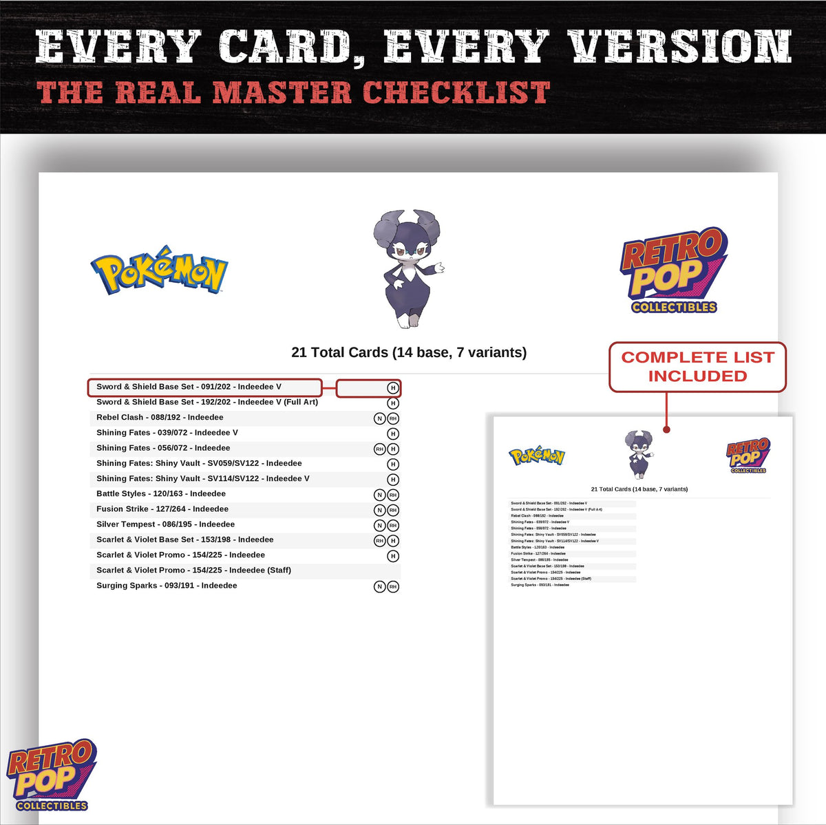 Indeedee master set checklist PDF preview - every card listed