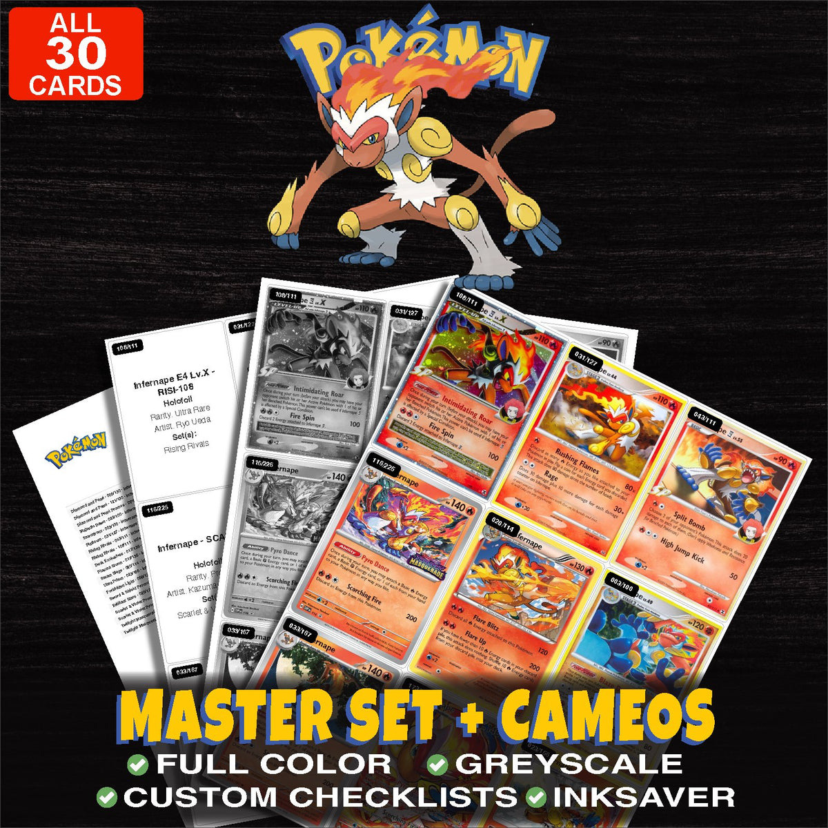 Every Infernape Pokemon card ever made - master set binder placeholders with Infernape E4 Lv.X
