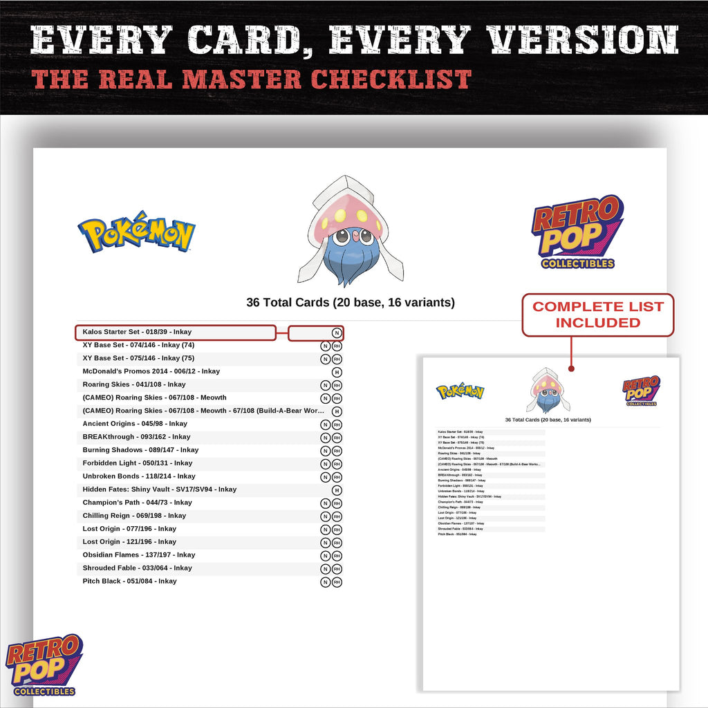 Inkay master set checklist PDF preview - every card listed