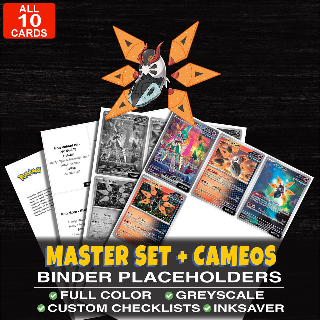 Every Iron Moth Pokemon card ever made - master set binder placeholders with Iron Moth