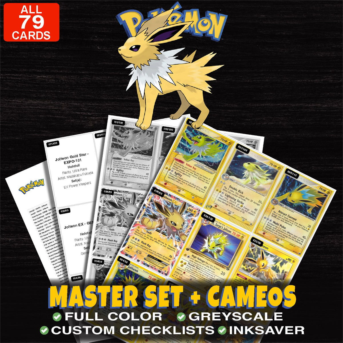Every Jolteon Pokemon card ever made - master set binder placeholders with Jolteon Gold Star