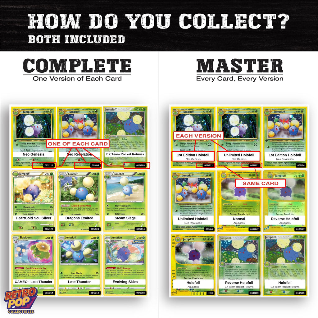 Complete Set vs Master Set versions of the Jumpluff binder placeholders