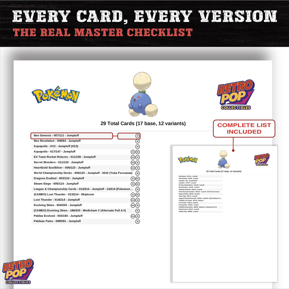 Jumpluff master set checklist PDF preview - every card listed