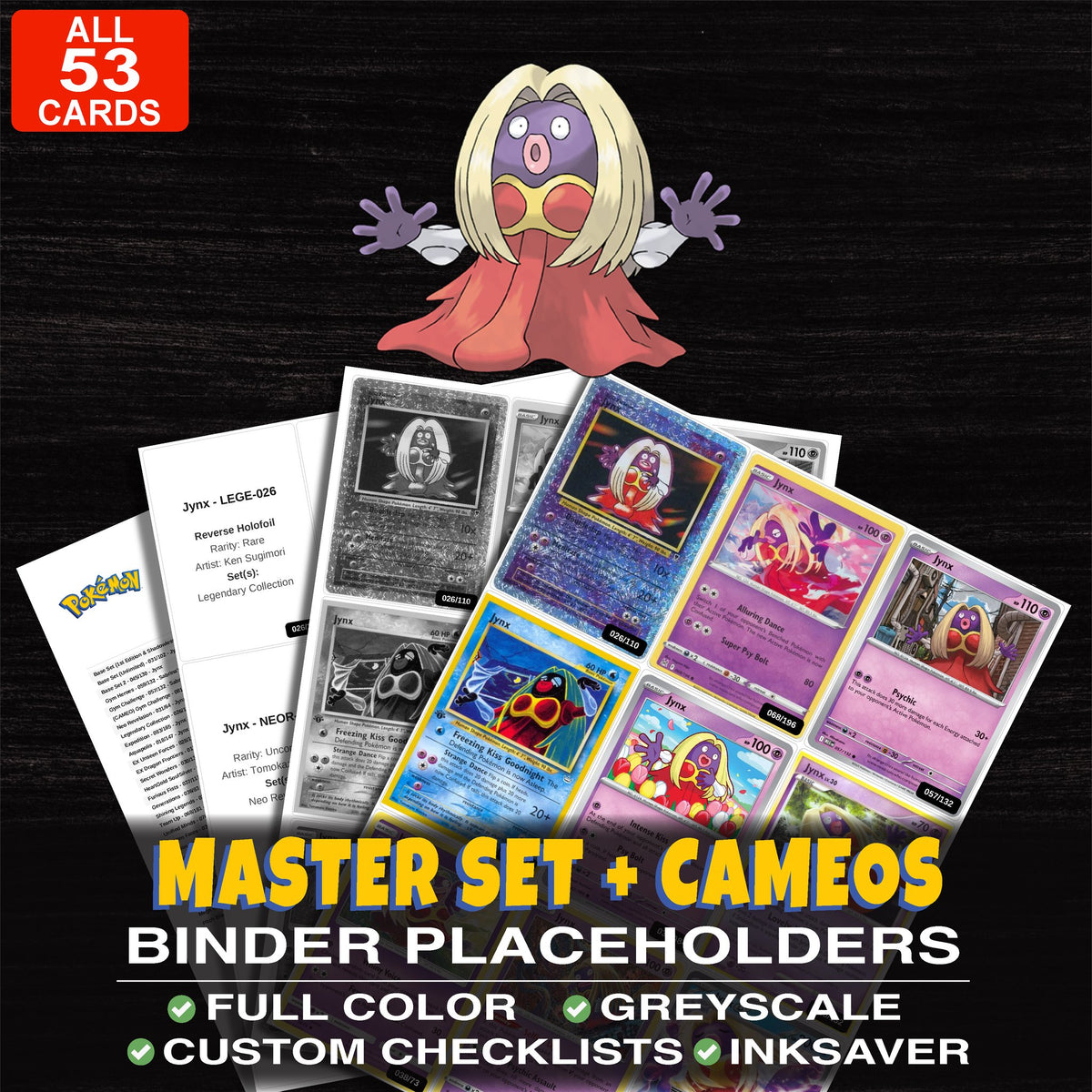Every Jynx Pokemon card ever made - master set binder placeholders with Jynx