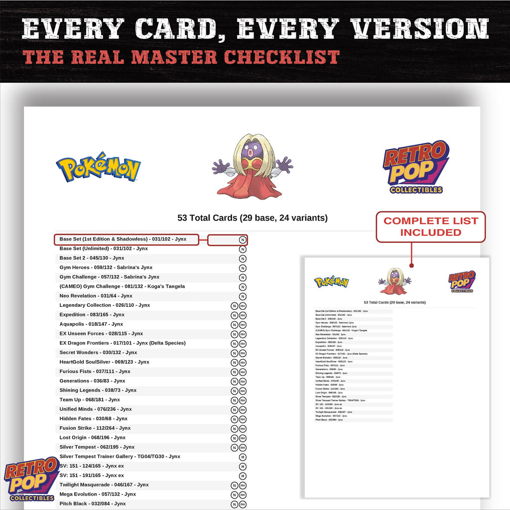 Jynx master set checklist PDF preview - every card listed