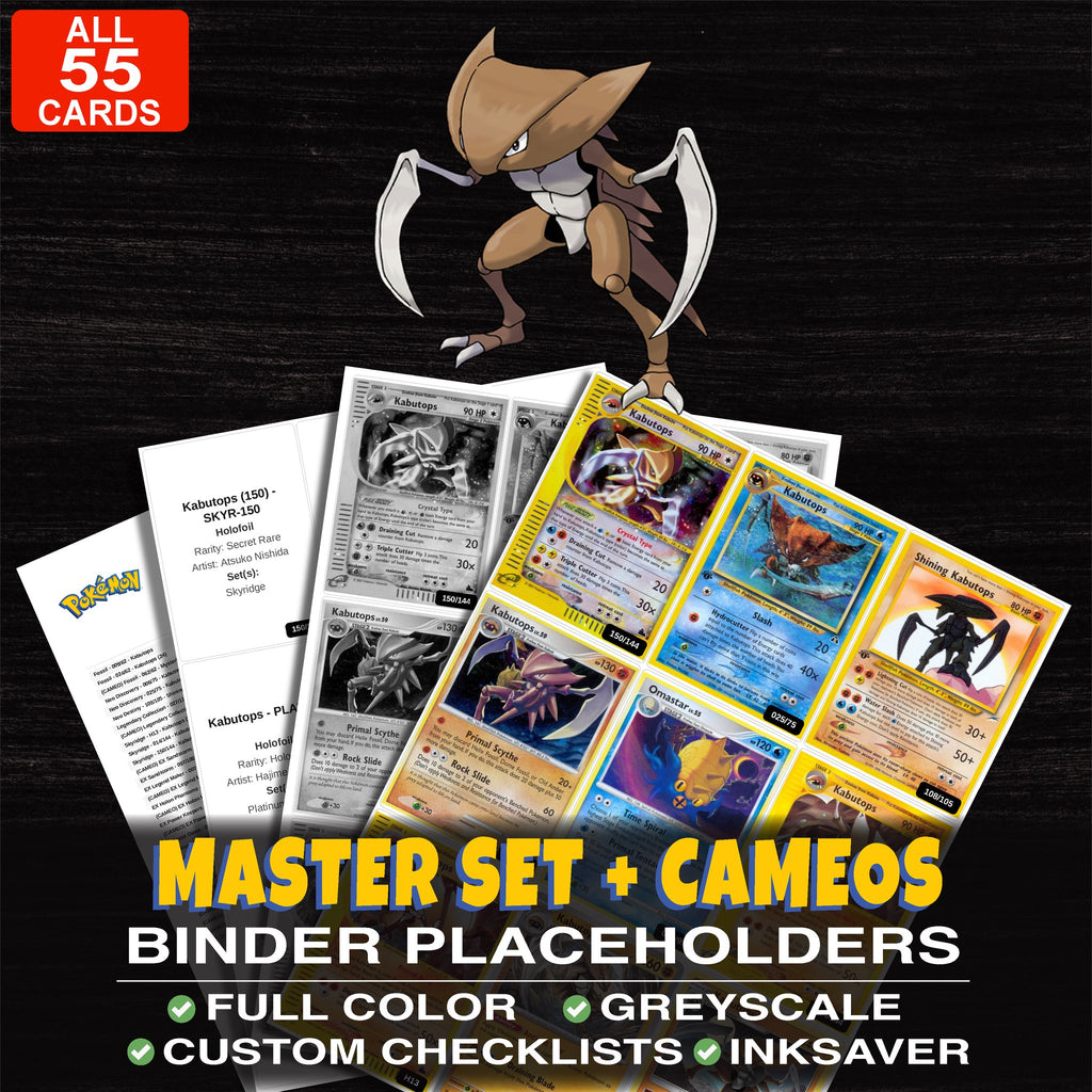 Every Kabutops Pokemon card ever made - master set binder placeholders with Shining Kabutops