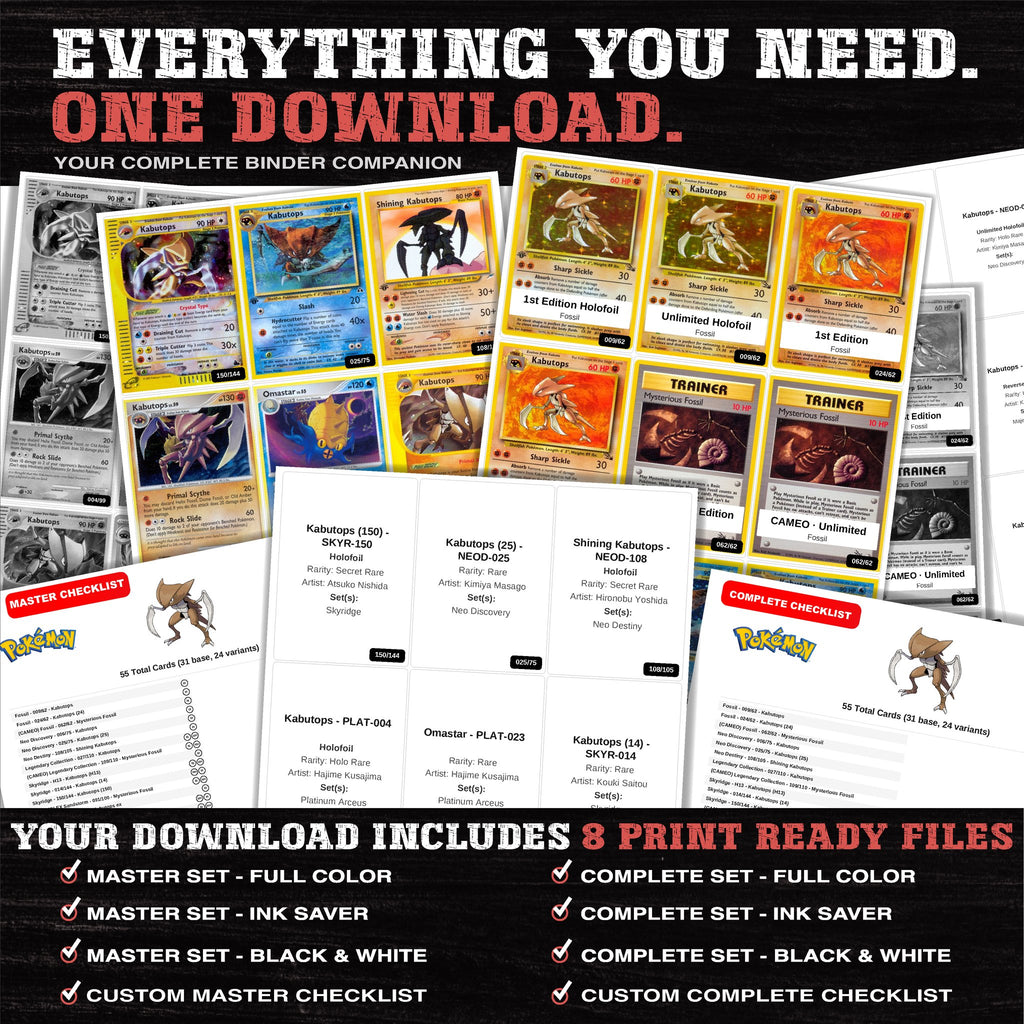 Everything included in the Kabutops master set download - 8 PDF files