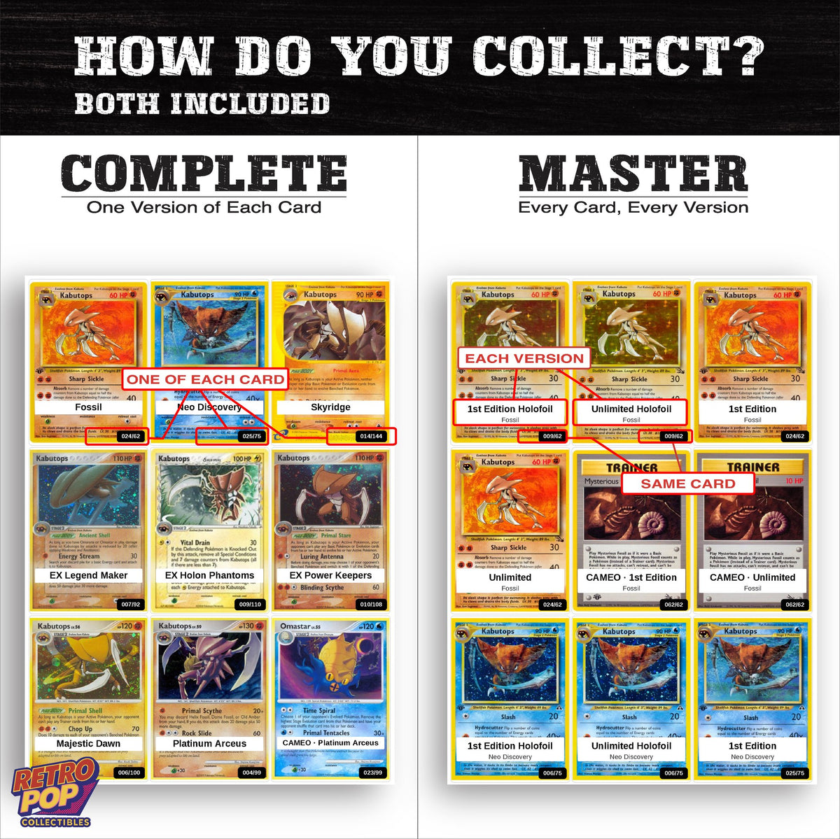 Complete Set vs Master Set versions of the Kabutops binder placeholders