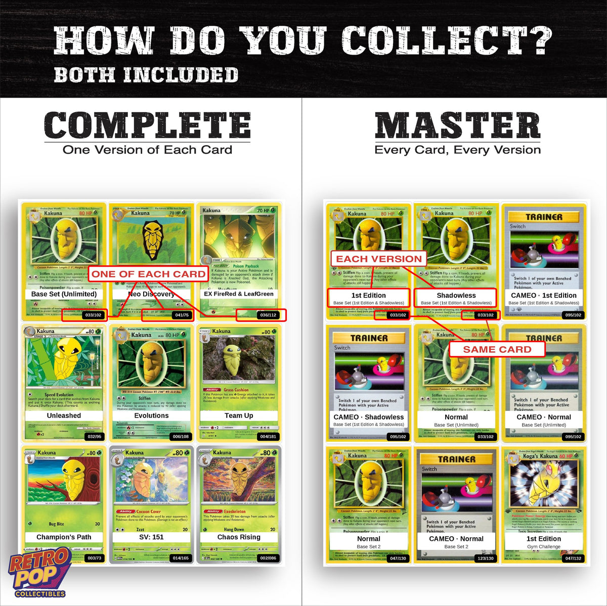 Complete Set vs Master Set versions of the Kakuna binder placeholders