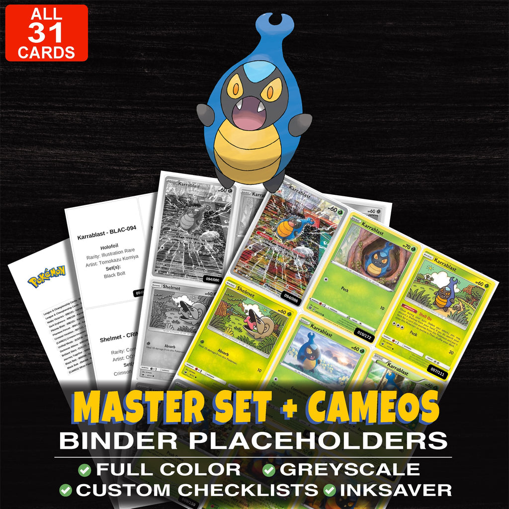 Every Karrablast Pokemon card ever made - master set binder placeholders with Karrablast
