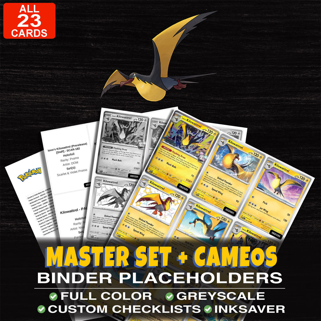 Every Kilowattrel Pokemon card ever made - master set binder placeholders with Iono's Kilowattrel (Prerelease)