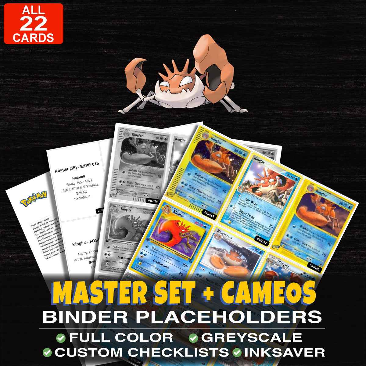 Every Kingler Pokemon card ever made - master set binder placeholders with Kingler (15)