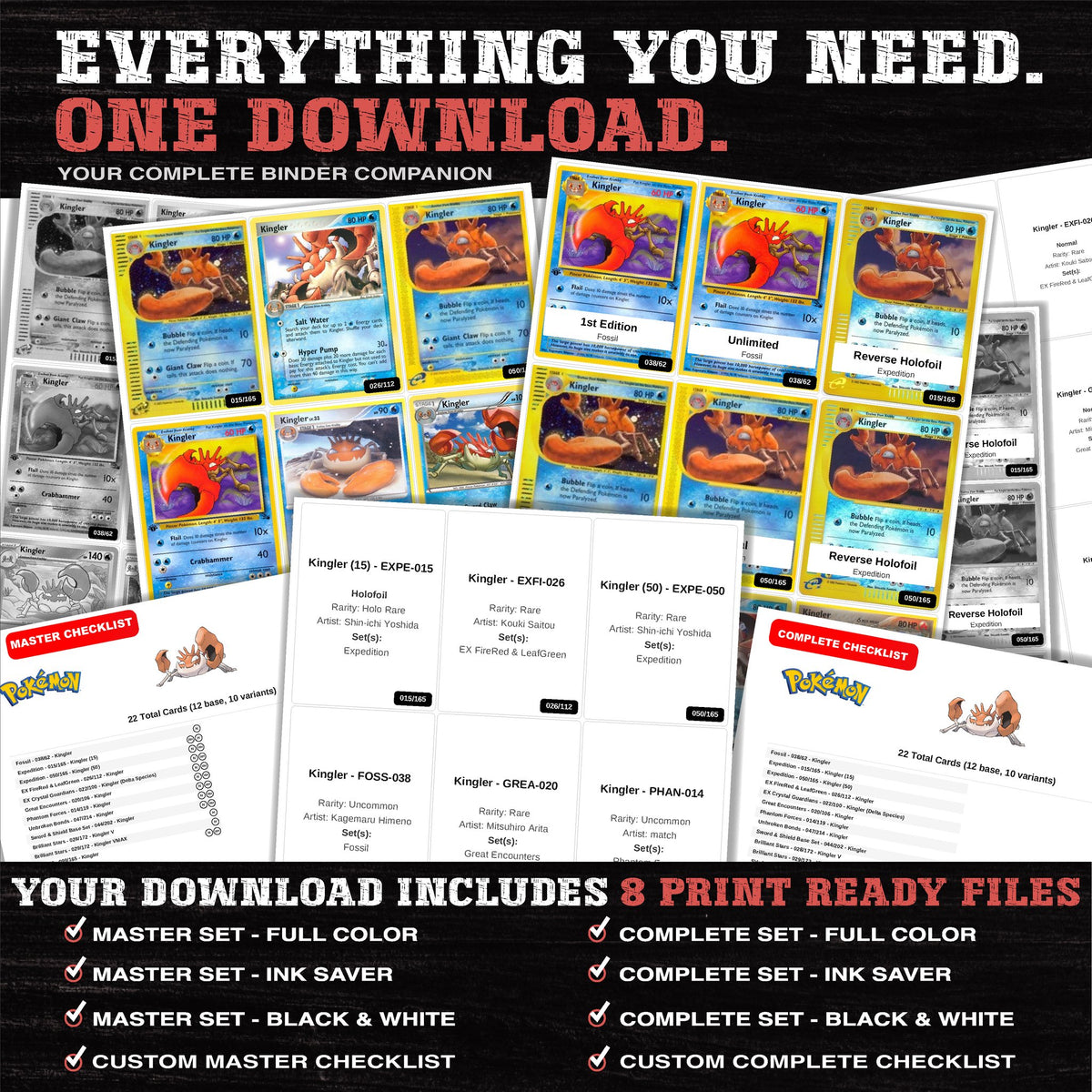 Everything included in the Kingler master set download - 8 PDF files