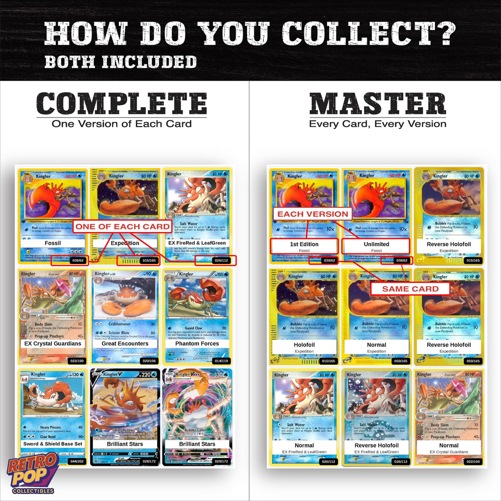 Complete Set vs Master Set versions of the Kingler binder placeholders