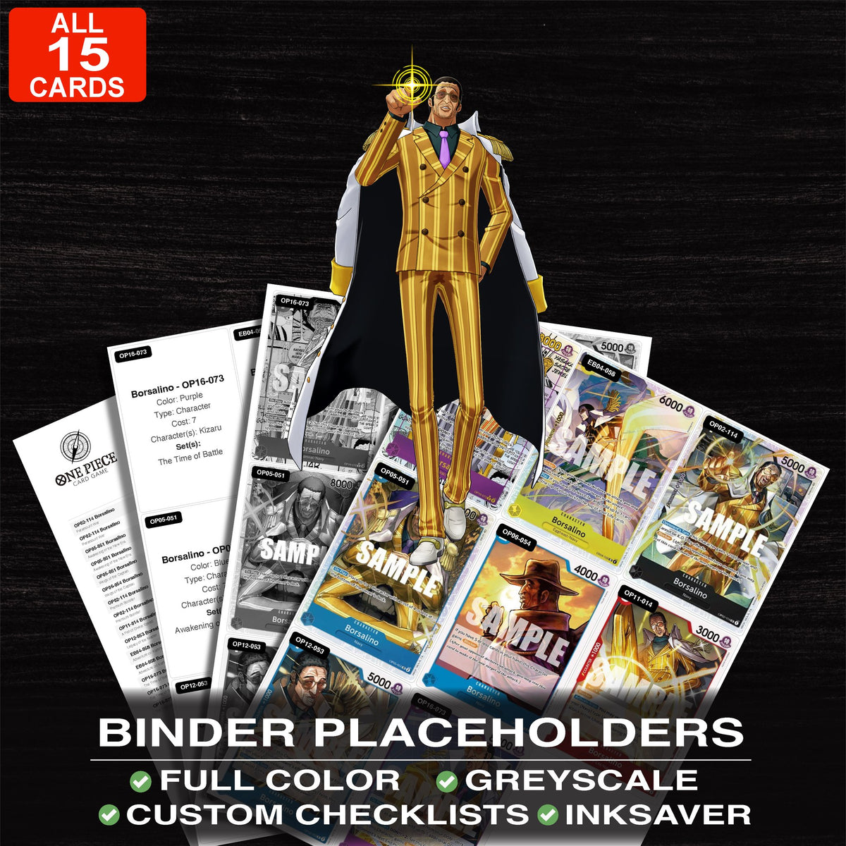 Kizaru One Piece card binder placeholders printable PDF - includes Borsalino