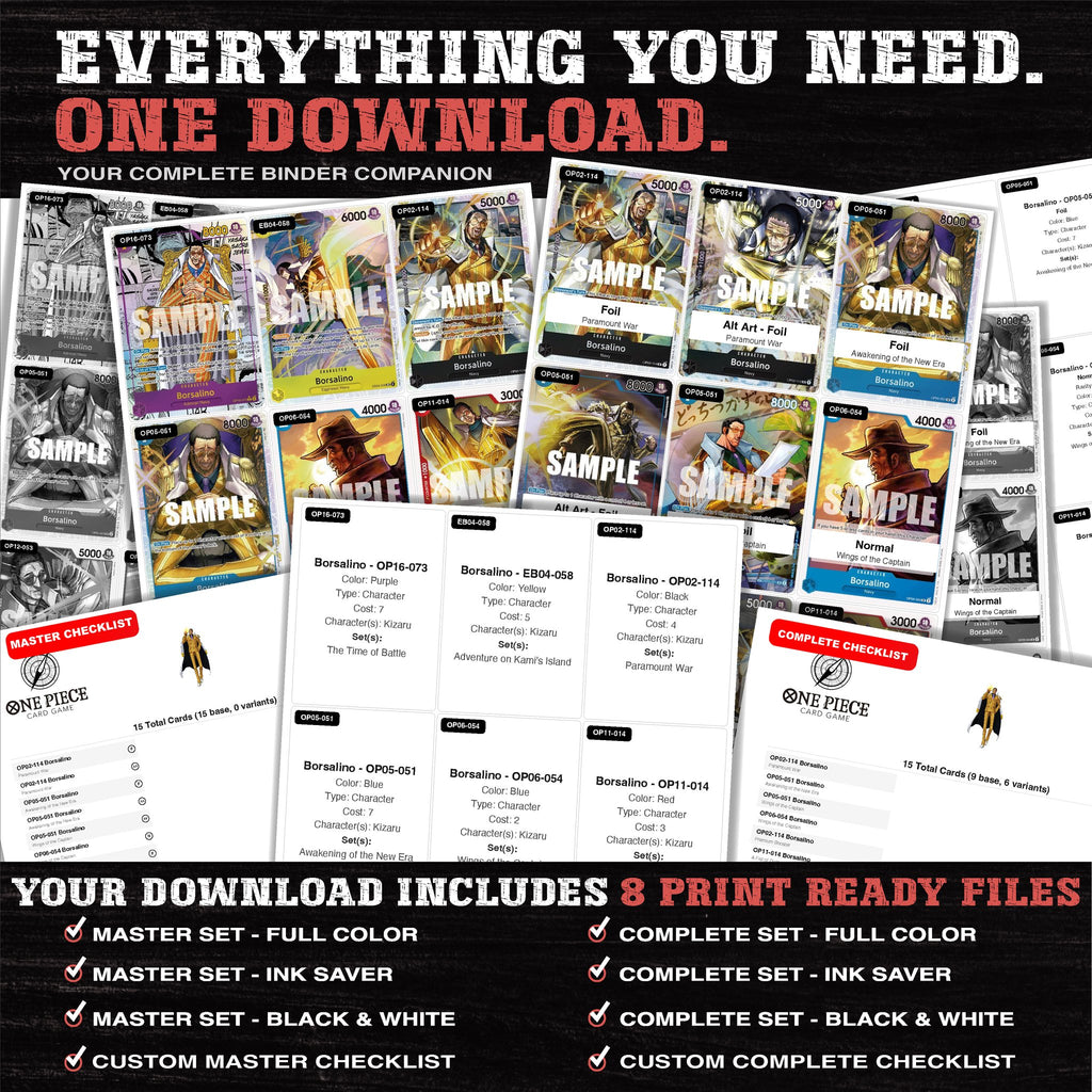 Everything included in the Kizaru One Piece placeholder download - 8 PDF files