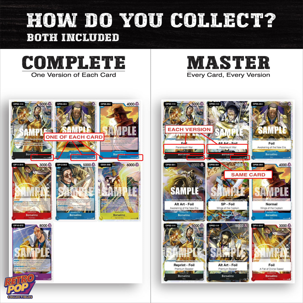 Complete Set vs Master Set versions of Kizaru One Piece binder placeholders