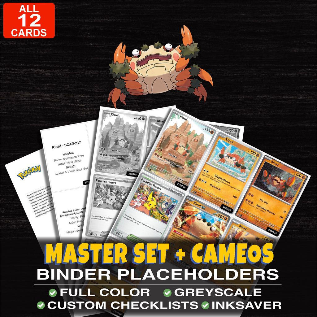 Every Klawf Pokemon card ever made - master set binder placeholders with Klawf
