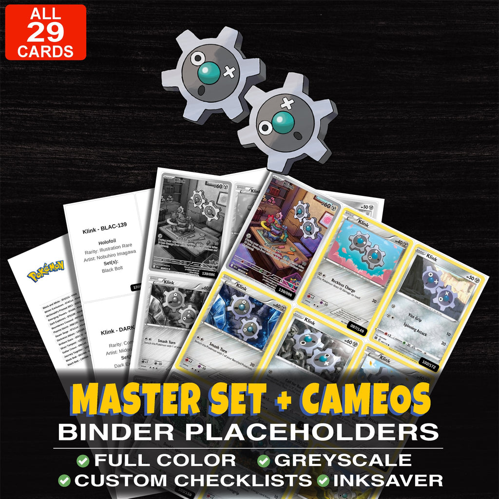Every Klink Pokemon card ever made - master set binder placeholders with Klink